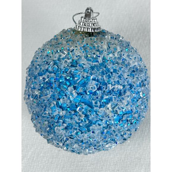 Blue and White Beaded 3” Christmas Ball Ornament with Sparkles Vintage - Picture 4 of 4